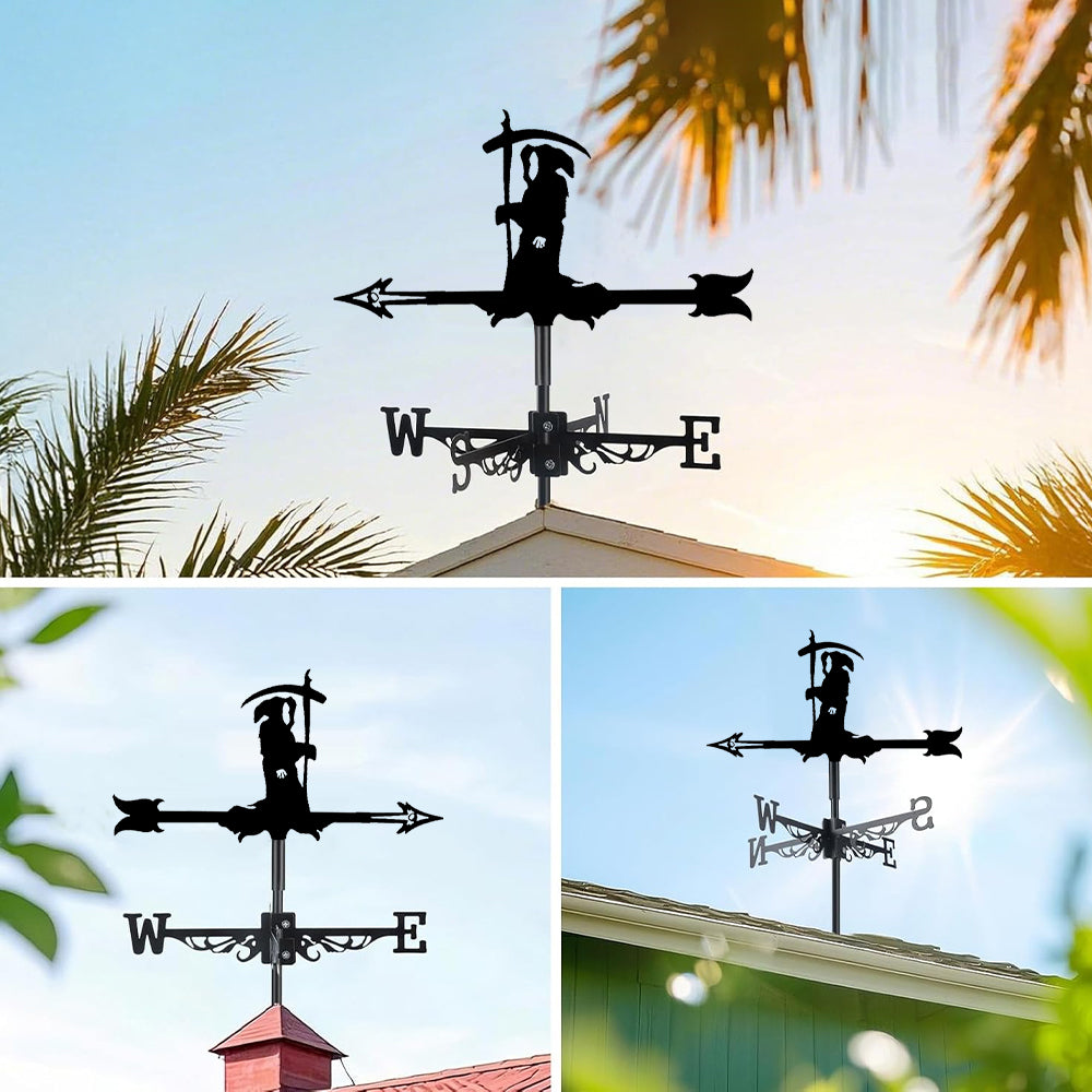 Grim reaper metal weather vane with directional arrows and mounting rod, outdoor roof and garden decoration