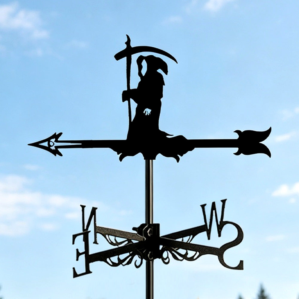 Grim reaper metal weather vane with directional arrows and mounting rod, outdoor roof and garden decoration