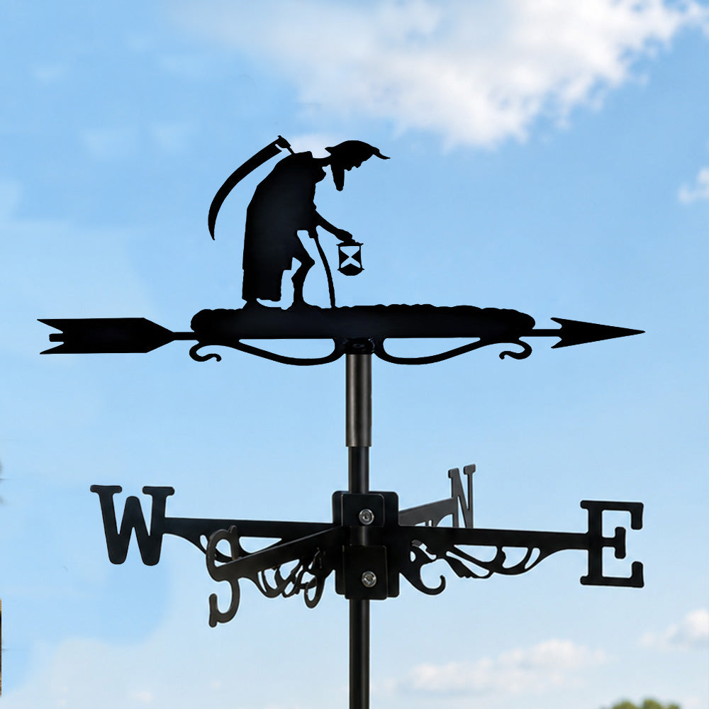 Grim reaper with hourglass metal weather vane with directional arrows and mounting rod, outdoor roof and garden decoration