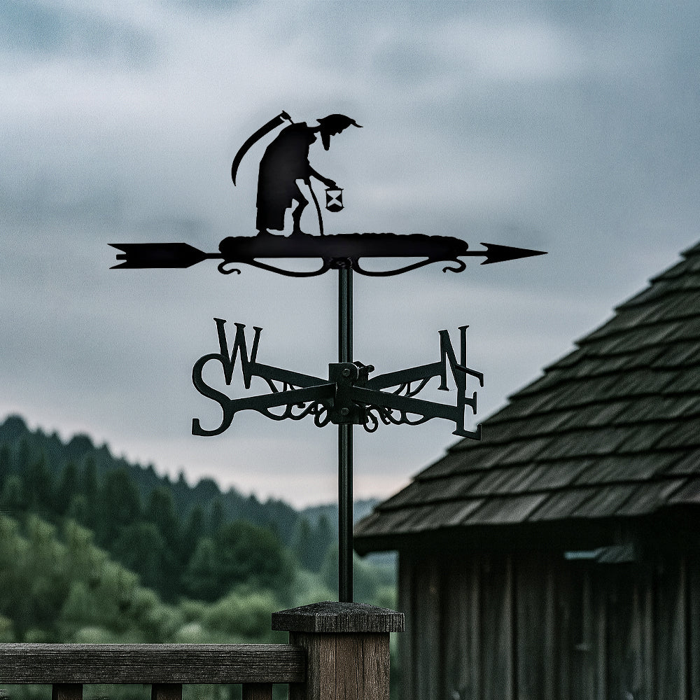 Grim reaper with hourglass metal weather vane with directional arrows and mounting rod, outdoor roof and garden decoration