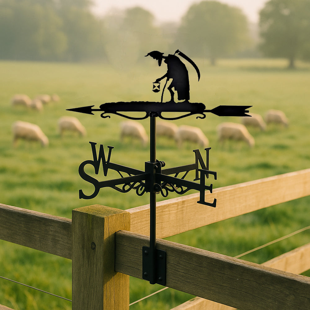 Grim reaper with hourglass metal weather vane with directional arrows and mounting rod, outdoor roof and garden decoration
