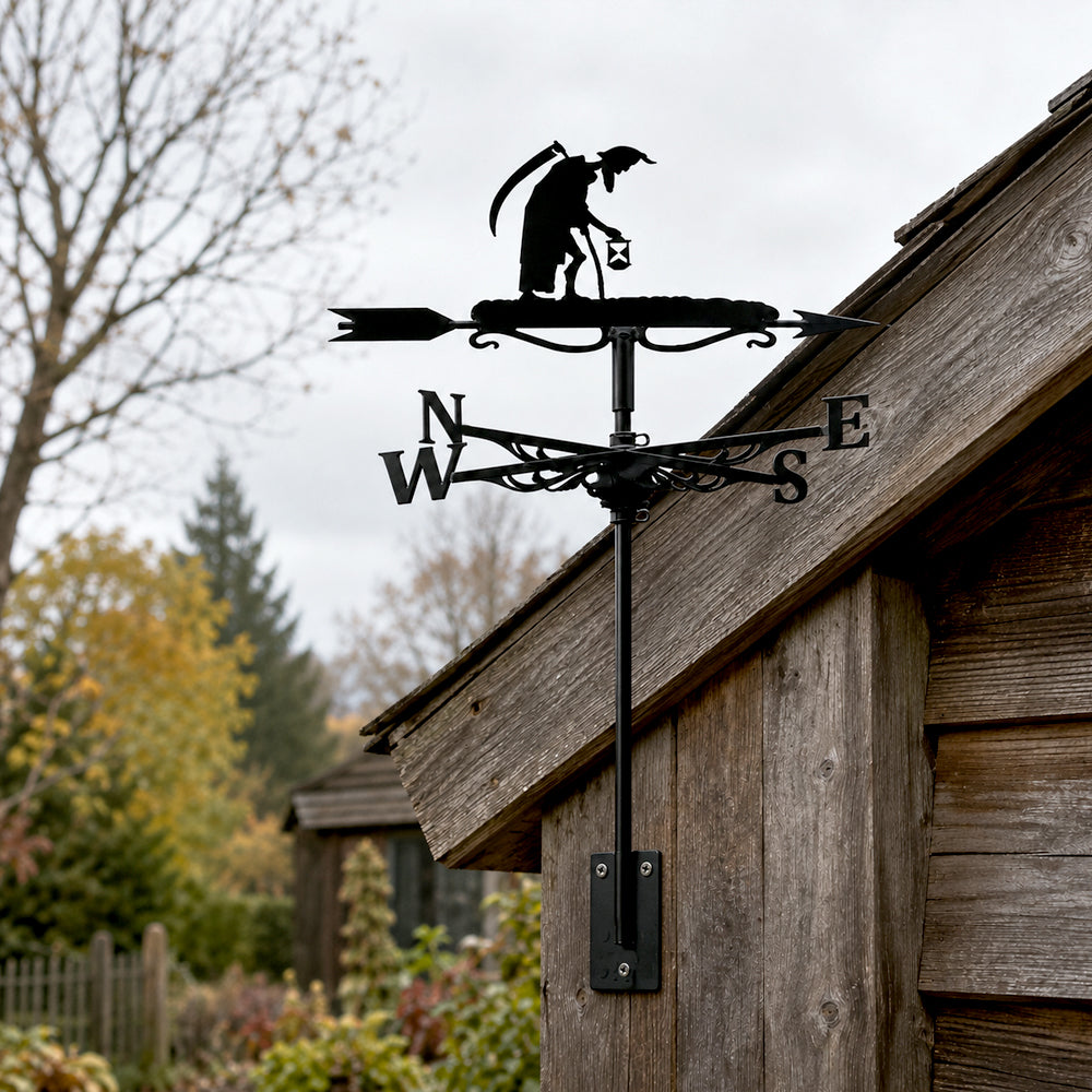 Grim reaper with hourglass metal weather vane with directional arrows and mounting rod, outdoor roof and garden decoration
