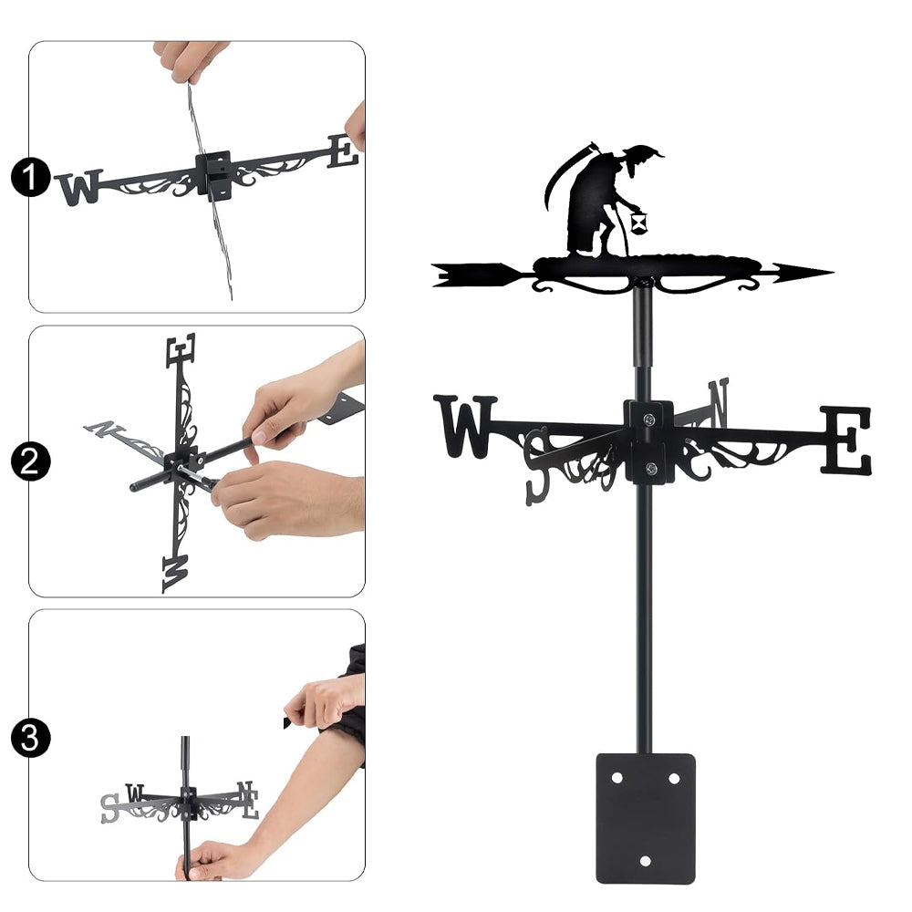Grim reaper with hourglass metal weather vane with directional arrows and mounting rod, outdoor roof and garden decoration