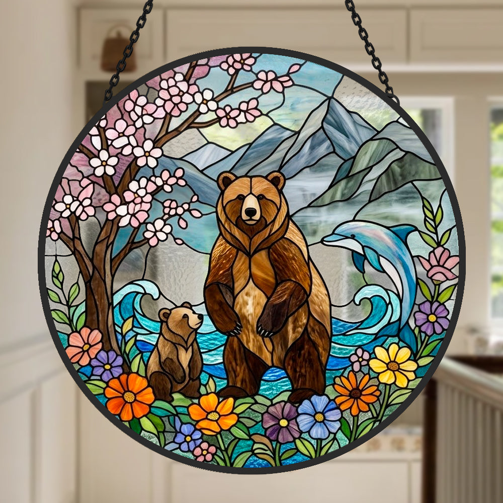 Grizzly bear and dolphin nature stained glass suncatcher window hanging, suitable for home and garden decoration