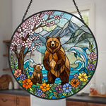 Grizzly bear and dolphin nature stained glass suncatcher window hanging, suitable for home and garden decoration