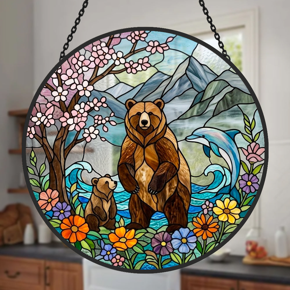 Grizzly bear and dolphin nature stained glass suncatcher window hanging, suitable for home and garden decoration