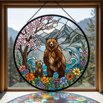 Grizzly bear and dolphin nature stained glass suncatcher window hanging, suitable for home and garden decoration
