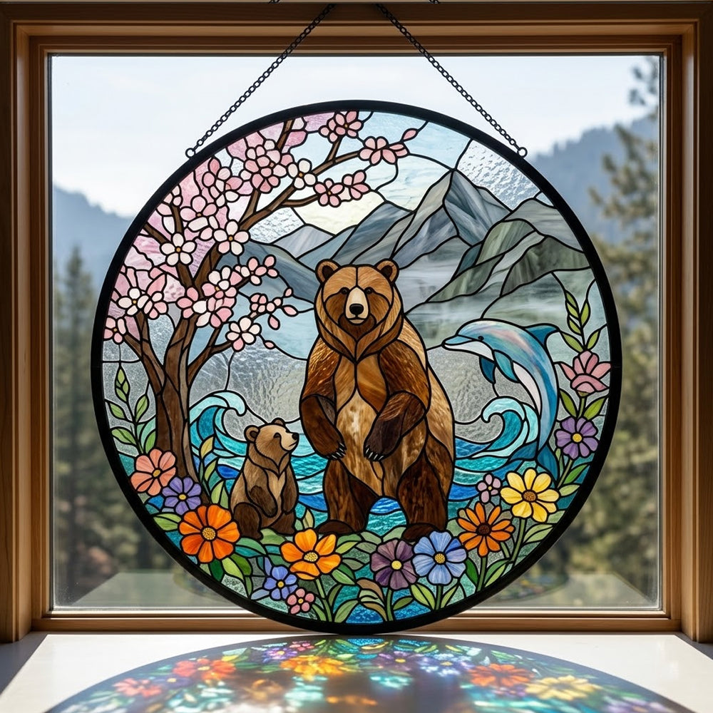 Grizzly bear and dolphin nature stained glass suncatcher window hanging, suitable for home and garden decoration
