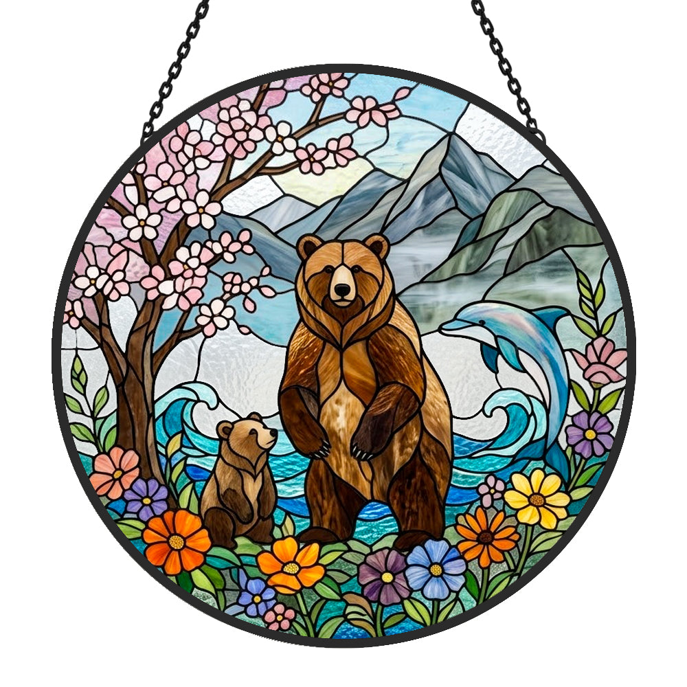 Grizzly bear and dolphin nature stained glass suncatcher window hanging, suitable for home and garden decoration