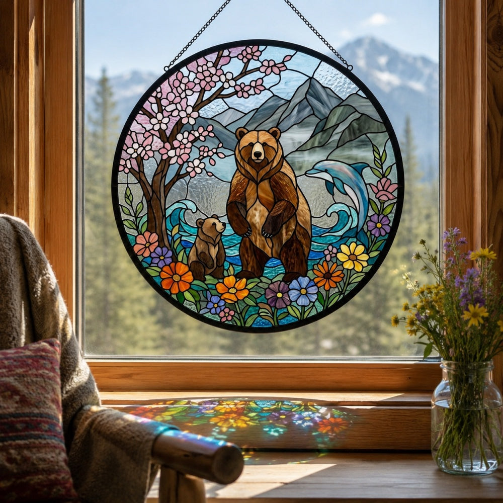 Grizzly bear and dolphin nature stained glass suncatcher window hanging, suitable for home and garden decoration