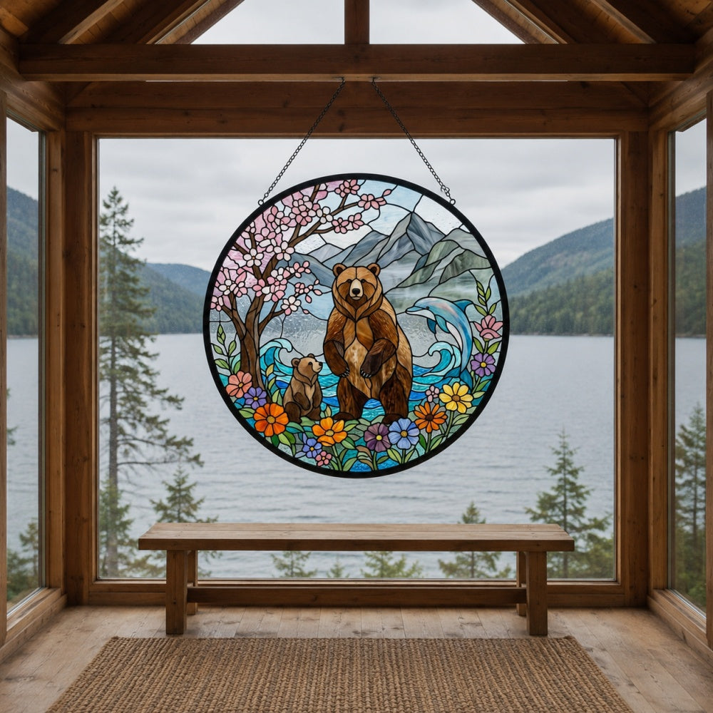 Grizzly bear and dolphin nature stained glass suncatcher window hanging, suitable for home and garden decoration