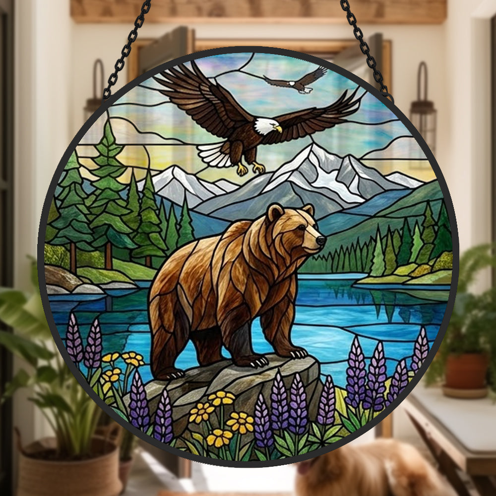 Grizzly bear and soaring eagle stained glass suncatcher window hanging, suitable for home and garden decoration