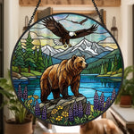 Grizzly bear and soaring eagle stained glass suncatcher window hanging, suitable for home and garden decoration