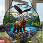 Grizzly bear and soaring eagle stained glass suncatcher window hanging, suitable for home and garden decoration