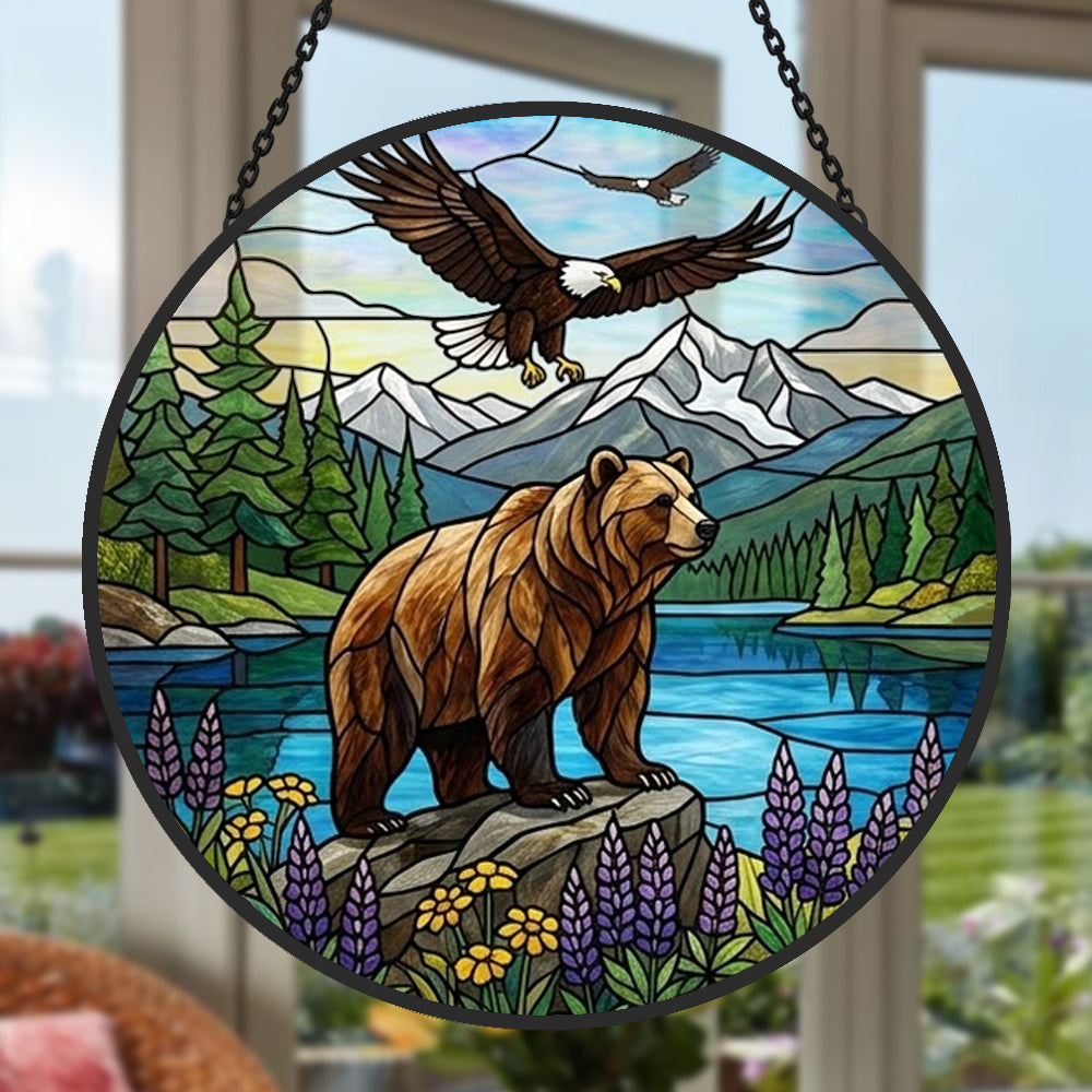 Grizzly bear and soaring eagle stained glass suncatcher window hanging, suitable for home and garden decoration