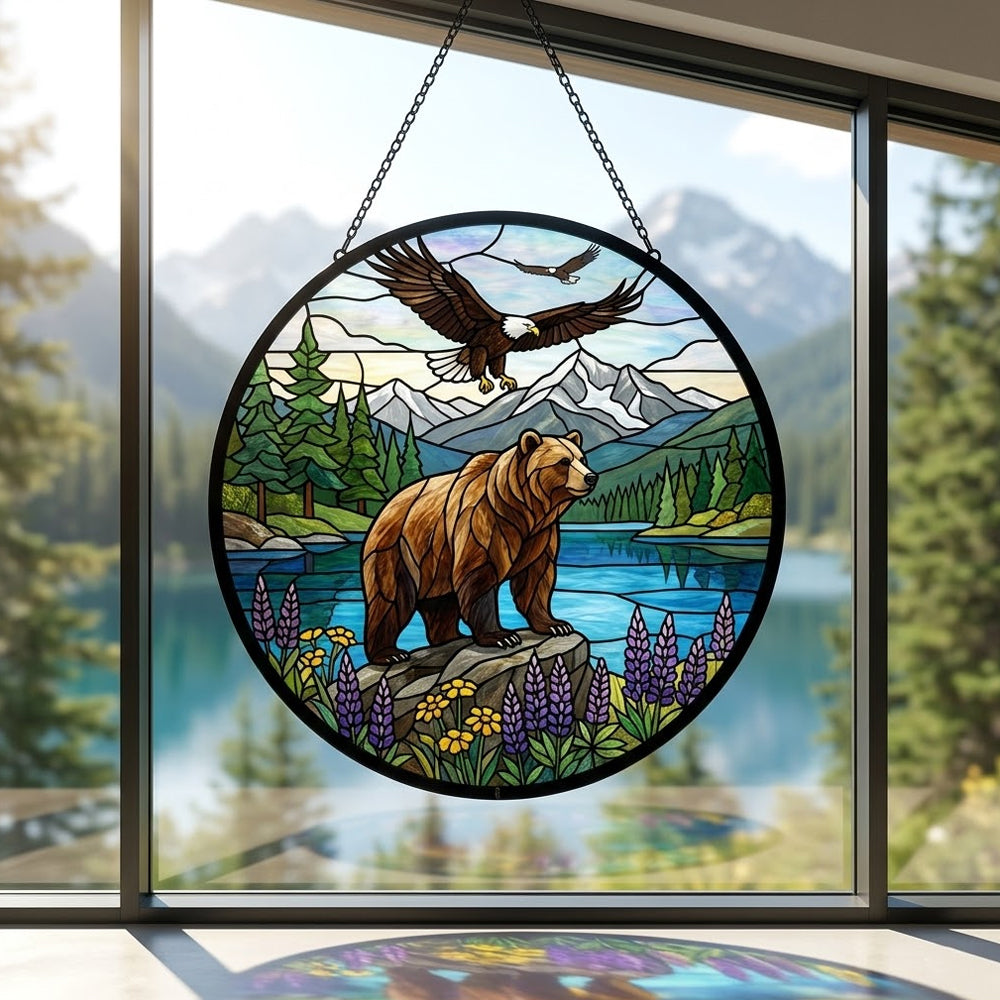 Grizzly bear and soaring eagle stained glass suncatcher window hanging, suitable for home and garden decoration