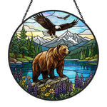 Grizzly bear and soaring eagle stained glass suncatcher window hanging, suitable for home and garden decoration