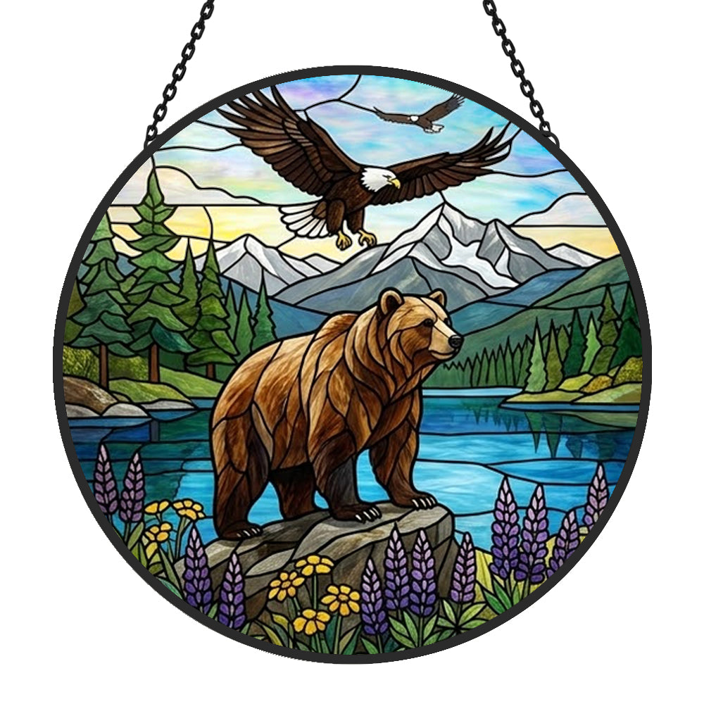 Grizzly bear and soaring eagle stained glass suncatcher window hanging, suitable for home and garden decoration
