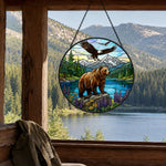 Grizzly bear and soaring eagle stained glass suncatcher window hanging, suitable for home and garden decoration