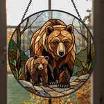 Grizzly bear family stained glass suncatcher window hanging, suitable for home and garden decoration