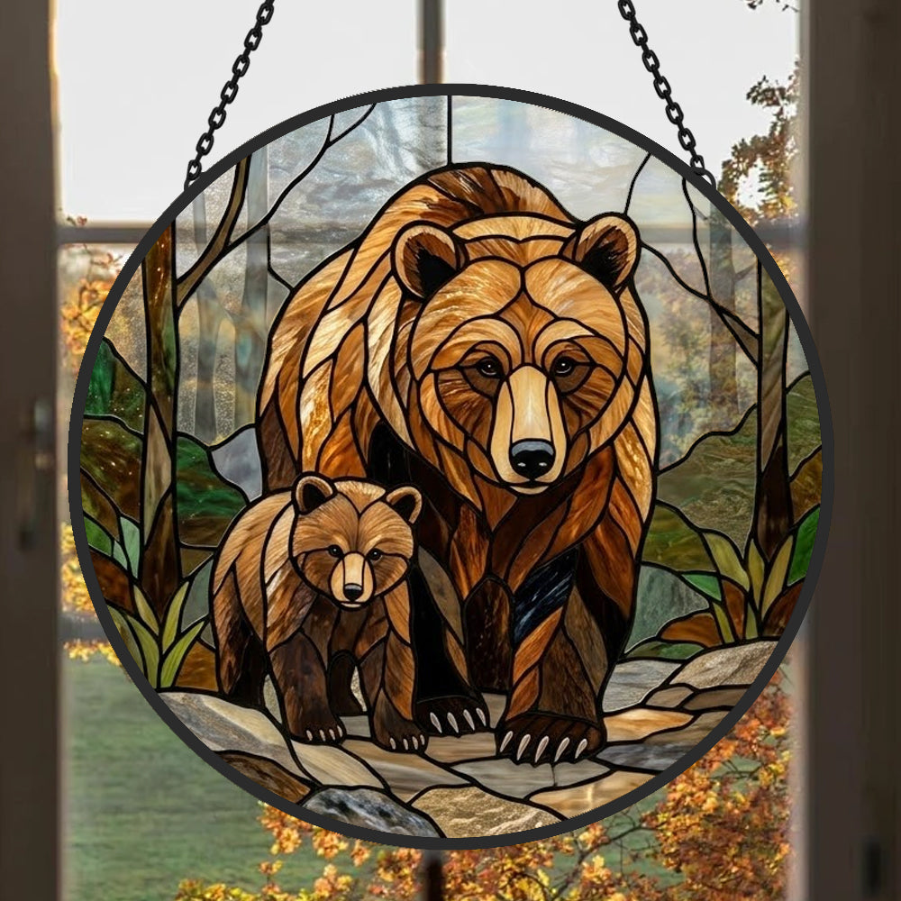 Grizzly bear family stained glass suncatcher window hanging, suitable for home and garden decoration