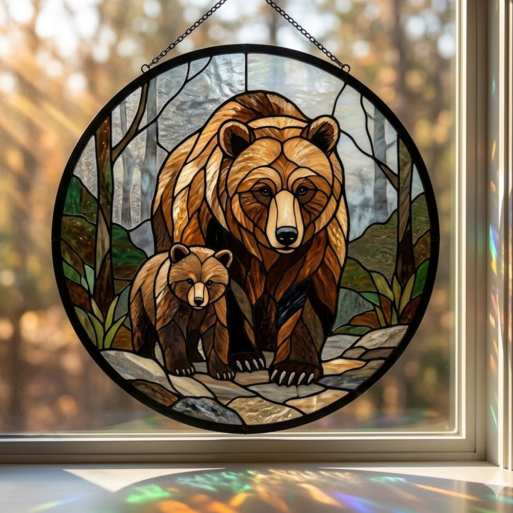 Grizzly bear family stained glass suncatcher window hanging, suitable for home and garden decoration