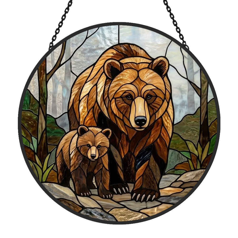Grizzly bear family stained glass suncatcher window hanging, suitable for home and garden decoration