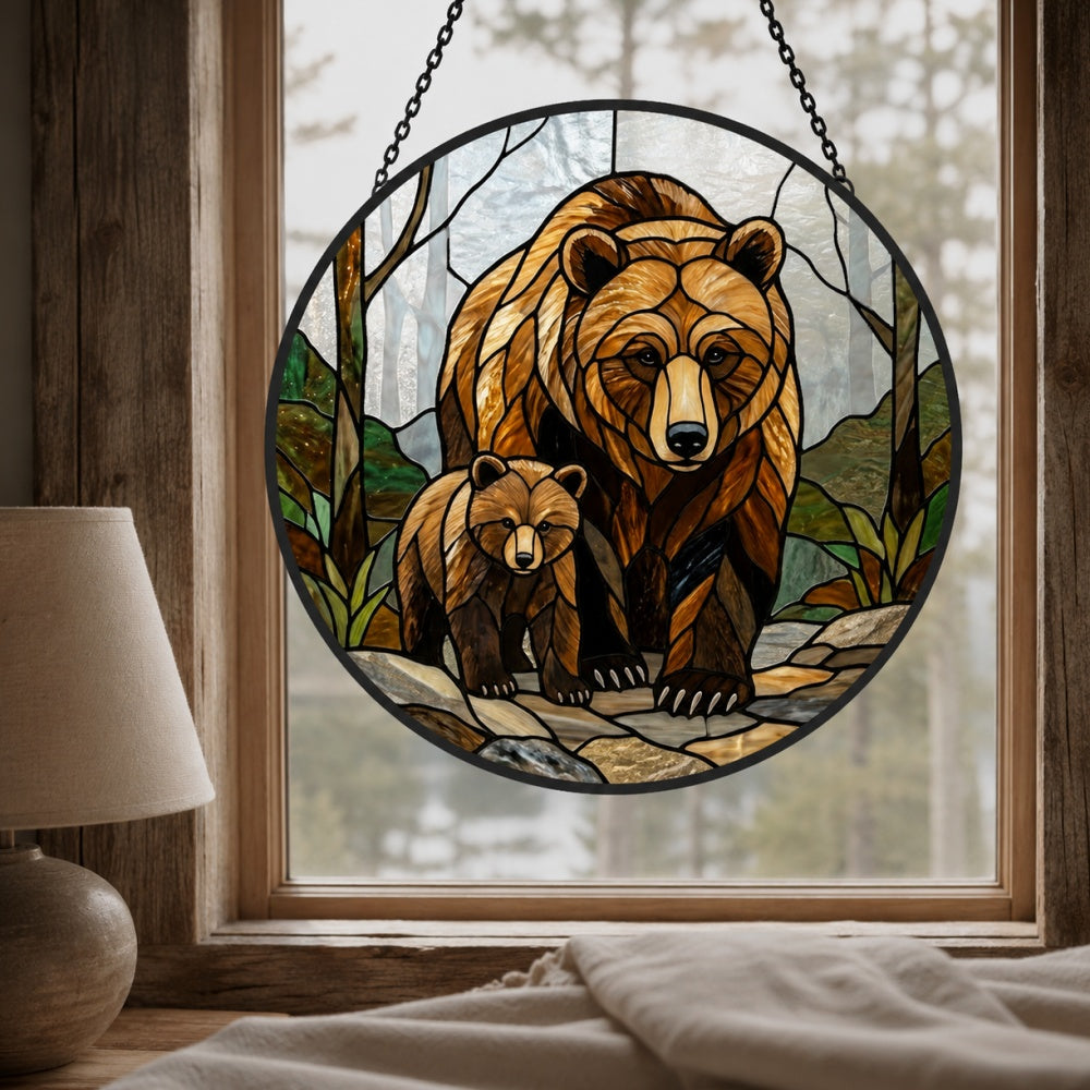 Grizzly bear family stained glass suncatcher window hanging, suitable for home and garden decoration