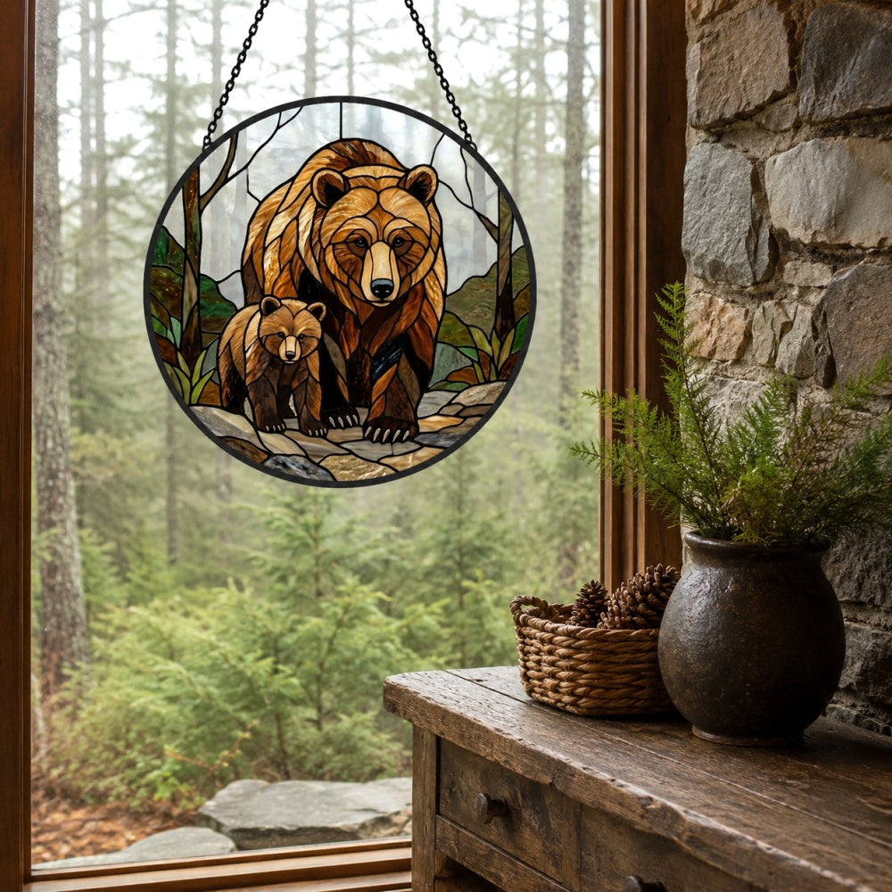 Grizzly bear family stained glass suncatcher window hanging, suitable for home and garden decoration