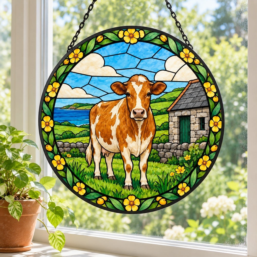 Guernsey cattle stained glass suncatcher window hanging, suitable for home and garden decoration