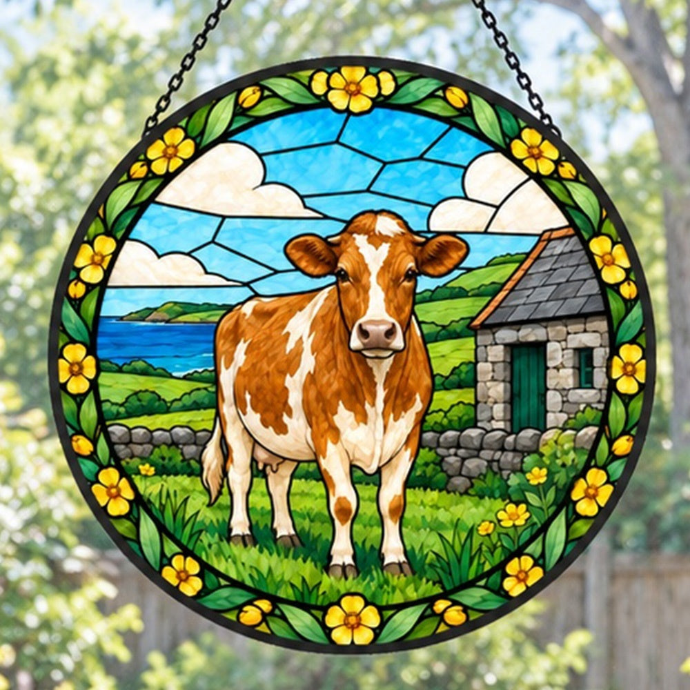 Guernsey cattle stained glass suncatcher window hanging, suitable for home and garden decoration