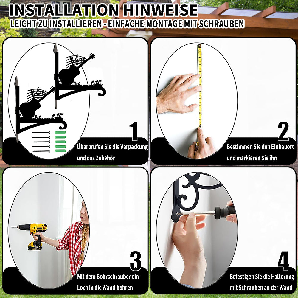 Guitar with music notes metal hanging basket bracket mounted on outdoor wall for plant decoration