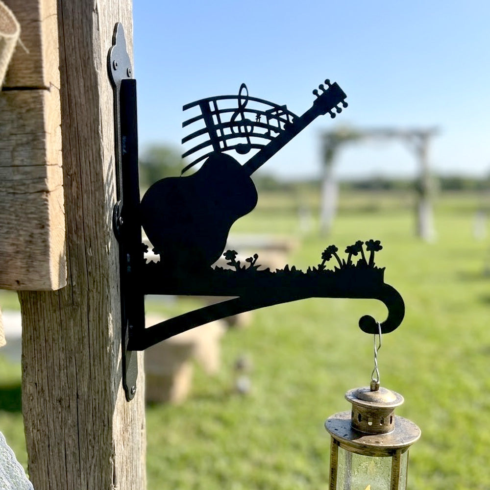 Guitar with music notes metal hanging basket bracket mounted on outdoor wall for plant decoration