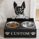 Personalized hairless terrier metal dog bowl stand with custom name cutout and two removable feeding bowls