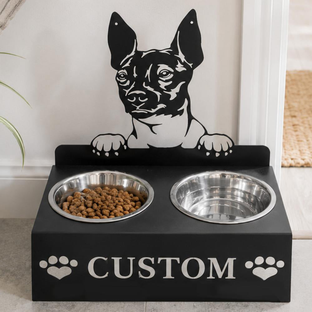 Personalized hairless terrier metal dog bowl stand with custom name cutout and two removable feeding bowls