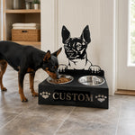 Personalized hairless terrier metal dog bowl stand with custom name cutout and two removable feeding bowls