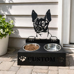 Personalized hairless terrier metal dog bowl stand with custom name cutout and two removable feeding bowls