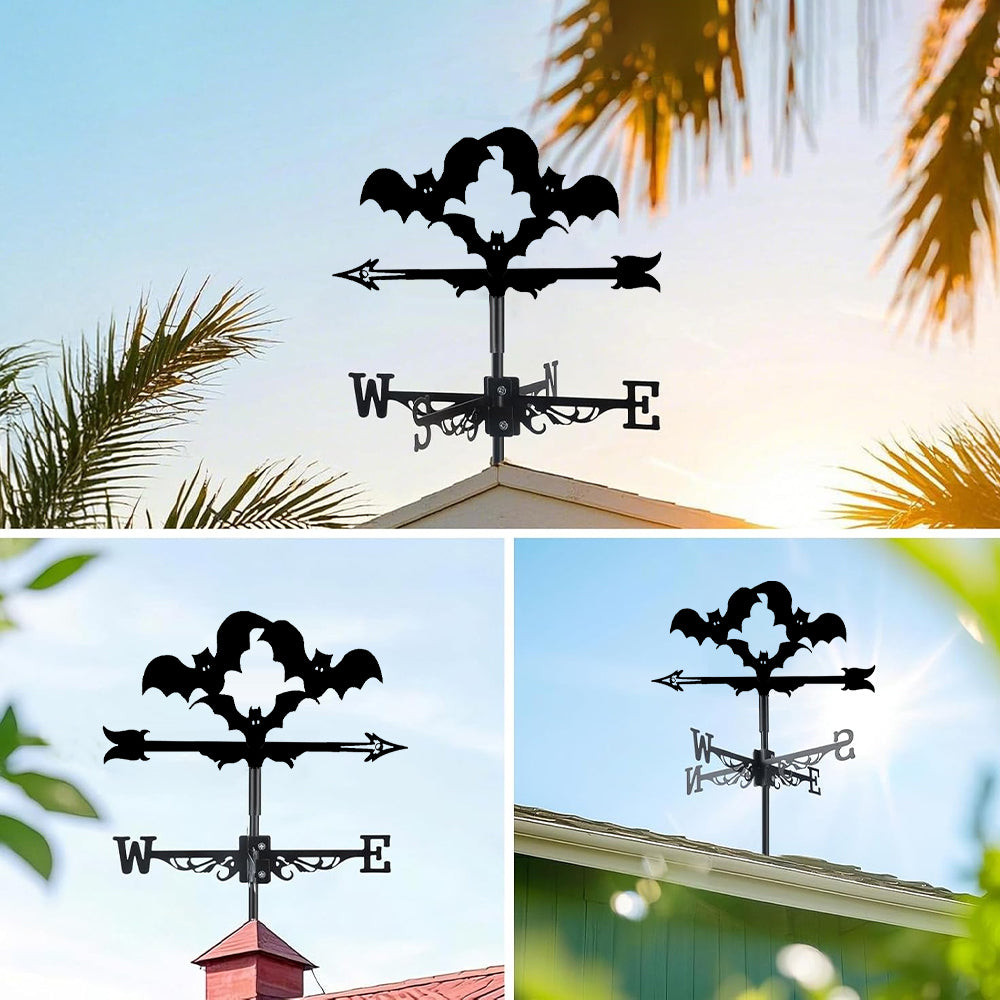 Halloween bats metal weather vane with directional arrows and mounting rod, outdoor roof and garden decoration