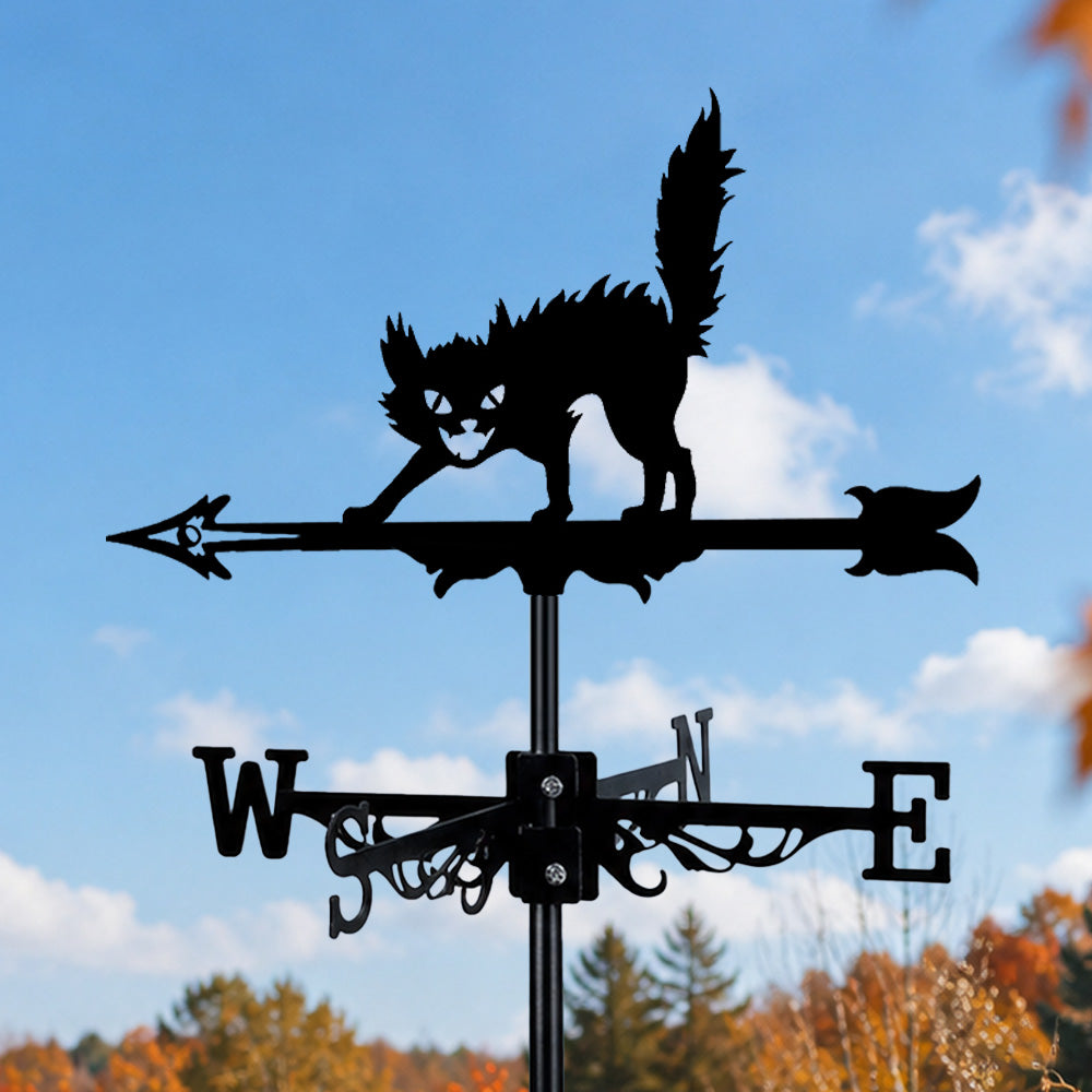 Halloween black cat metal weather vane with directional arrows and mounting rod, outdoor roof and garden decoration