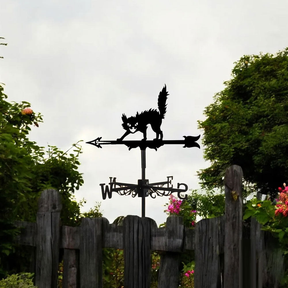 Halloween black cat metal weather vane with directional arrows and mounting rod, outdoor roof and garden decoration