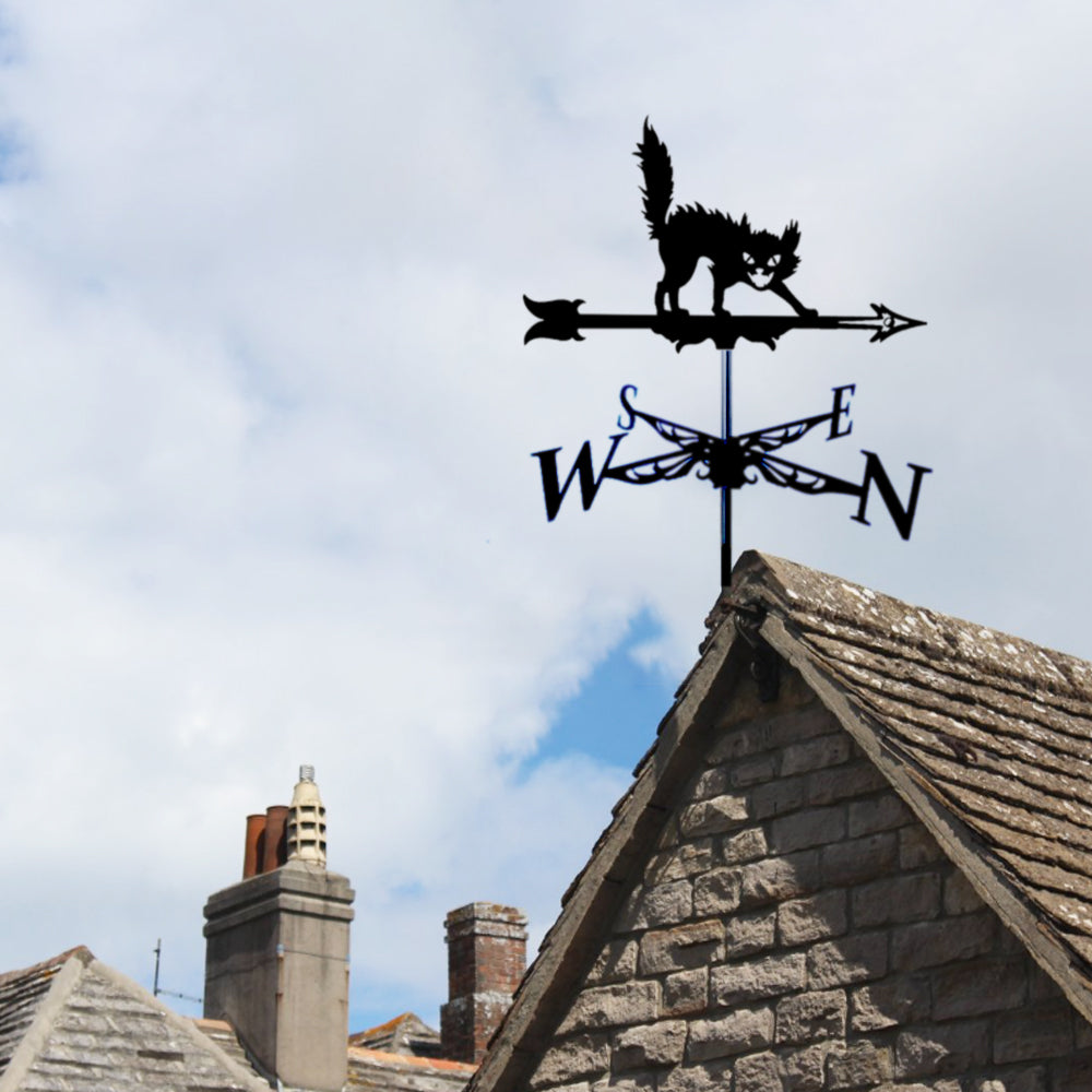 Halloween black cat metal weather vane with directional arrows and mounting rod, outdoor roof and garden decoration