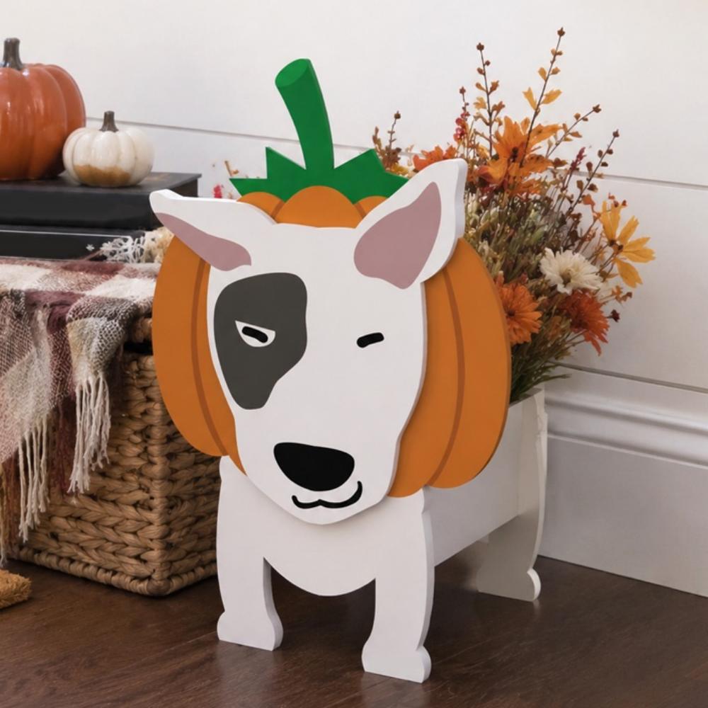Halloween Bull Terrier dog Planter filled with fresh flowers is placed in the garden