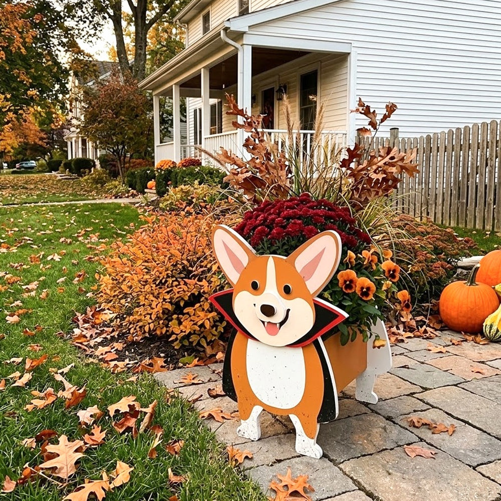 Halloween Corgi dog Planter filled with fresh flowers is placed in the garden
