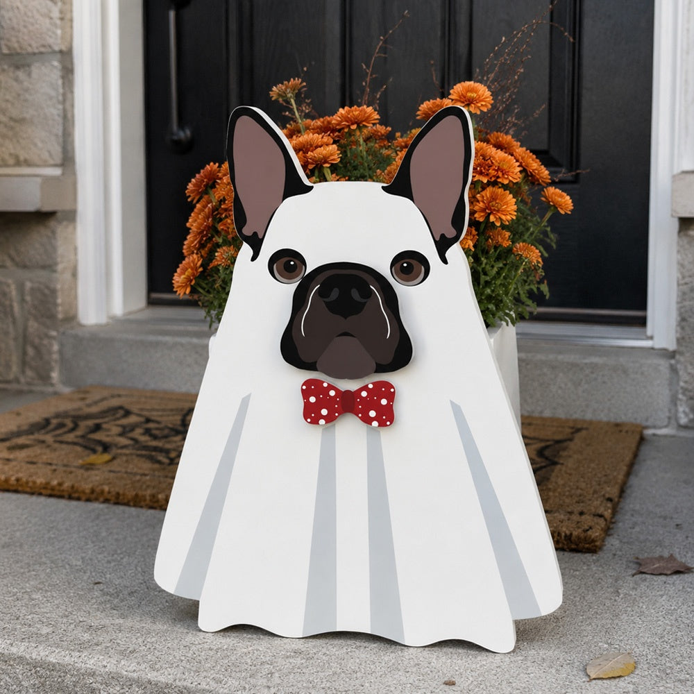 Halloween French Bulldog Planter filled with fresh flowers is placed in the garden