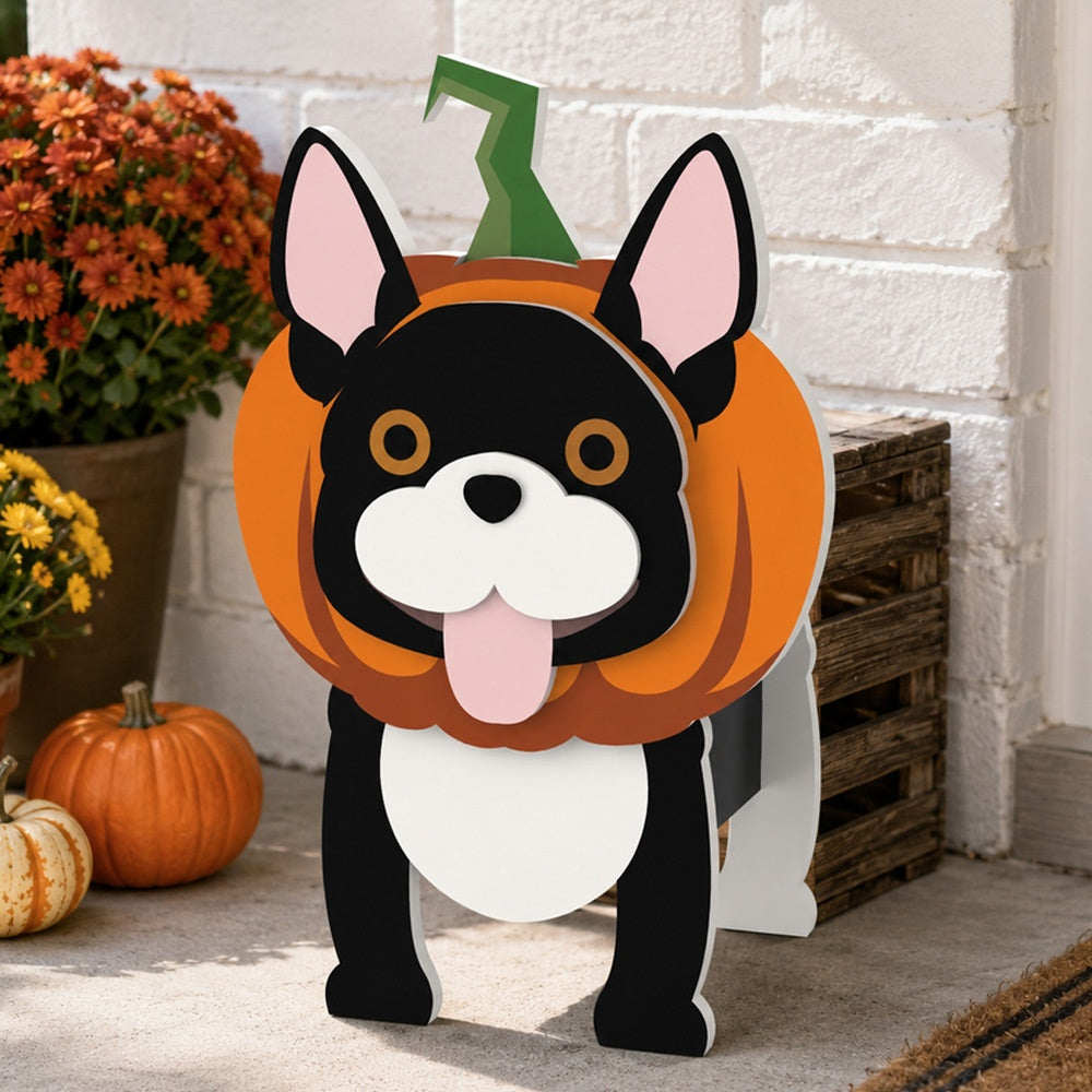 Halloween French Bulldog Planter filled with fresh flowers is placed in the garden
