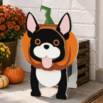 Halloween French Bulldog Planter filled with fresh flowers is placed in the garden