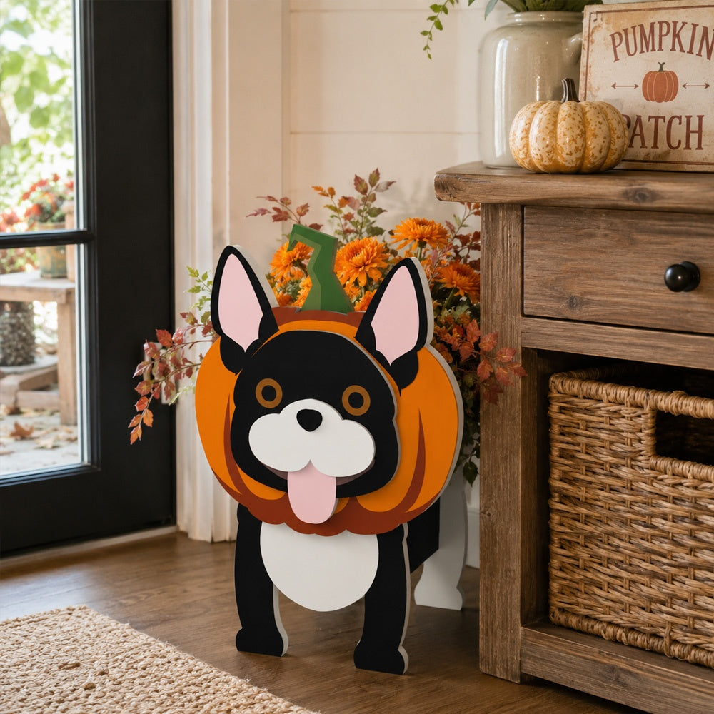 Halloween French Bulldog Planter filled with fresh flowers is placed in the garden