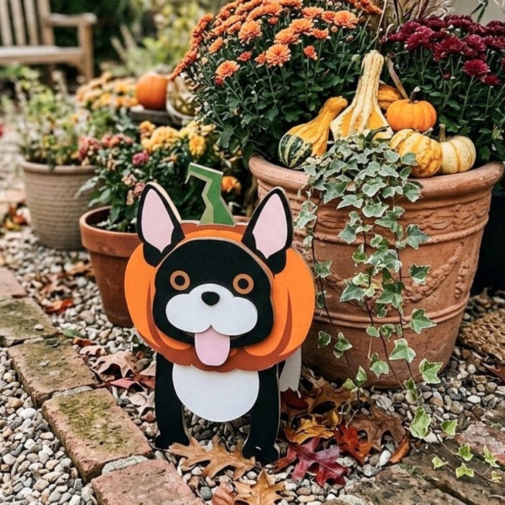 Halloween French Bulldog Planter filled with fresh flowers is placed in the garden