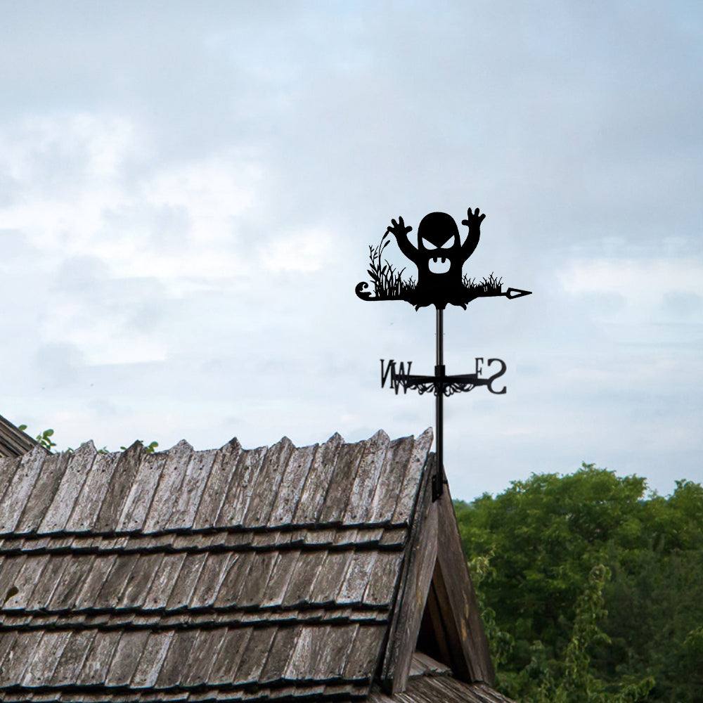 Halloween ghost metal weather vane with directional arrows and mounting rod, outdoor roof and garden decoration
