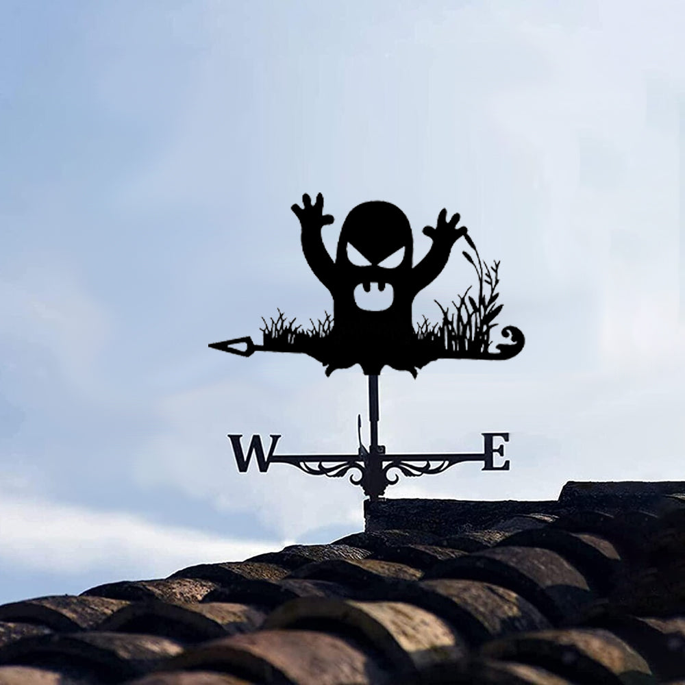 Halloween ghost metal weather vane with directional arrows and mounting rod, outdoor roof and garden decoration